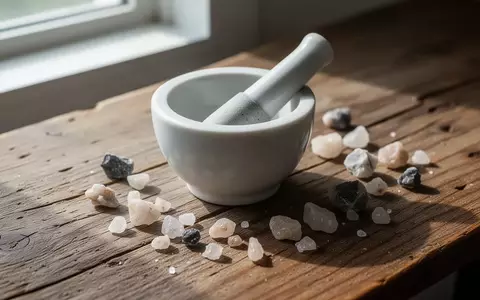 Ein Mörser und Stößel aus Keramik auf einem Holztisch mit Mineralsteinen zur Veranschaulichung von Magnesiumpräparaten. - Foto: über boerse-global.de