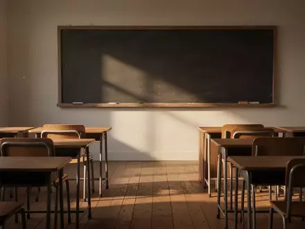 Ein leerer, sonnendurchfluteter Klassenraum mit leeren Holztischen und einer leeren Tafel. - Foto: über boerse-global.de