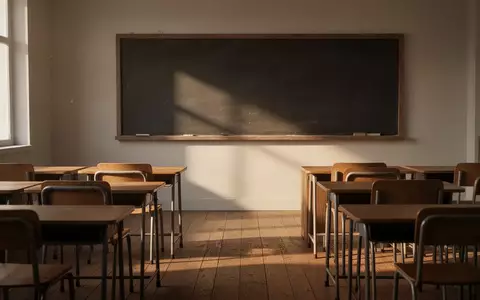 Ein leerer, sonnendurchfluteter Klassenraum mit leeren Holztischen und einer leeren Tafel. - Foto: über boerse-global.de