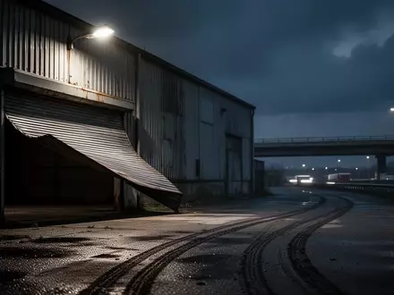 Ein nächtliches, industrielles Lagergebäude mit aufgebrochenem Rolltor und dunklem Asphalt im Vordergrund. - Foto: über boerse-global.de