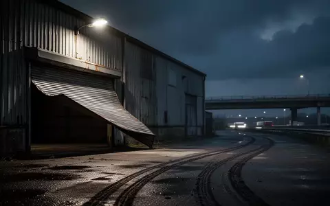 Ein nächtliches, industrielles Lagergebäude mit aufgebrochenem Rolltor und dunklem Asphalt im Vordergrund. - Foto: über boerse-global.de