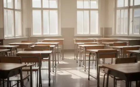 Ein leerer, lichtdurchfluteter Klassenraum mit ordentlich aufgestellten Holztischen und Stühlen in einer ruhigen Atmosphäre. - Foto: über boerse-global.de