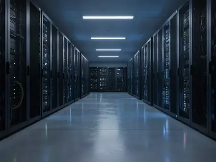 Ein moderner, minimalistischer Serverraum mit blauer Beleuchtung und polierten Betonböden in einer sachlichen Umgebung. - Foto: über boerse-global.de