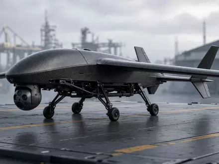 Eine taktische Militärdrohne auf einer Metallplattform auf einem Flugfeld. - Foto: über boerse-global.de