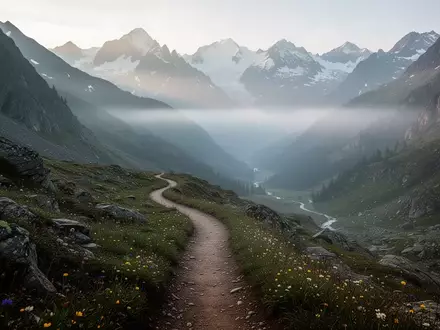 Ein gewundener Bergpfad führt in ein nebliges Alpental unter schneebedeckten Gipfeln. - Foto: über boerse-global.de