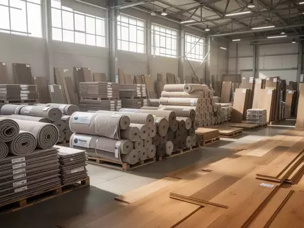 Modernes Lagerhaus mit Bodenbelägen und Teppichrollen in einer professionellen Industrieumgebung. - Foto: über boerse-global.de