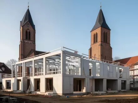 Baustelle eines Wohngebäudes neben einem Kirchturm in einem Duisburger Stadtviertel. - Foto: über boerse-global.de