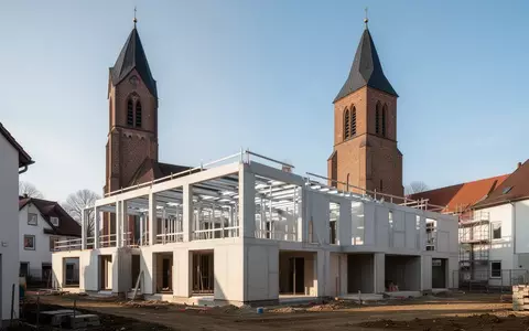 Baustelle eines Wohngebäudes neben einem Kirchturm in einem Duisburger Stadtviertel. - Foto: über boerse-global.de