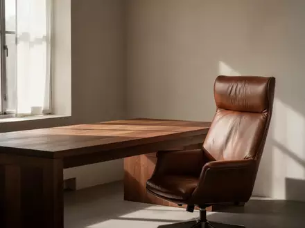 Ein minimalistischer Arbeitsraum mit einem Holztisch und einem Ledersessel in natürlichem Licht. - Foto: über boerse-global.de