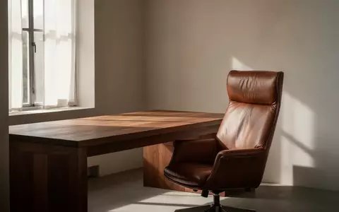 Ein minimalistischer Arbeitsraum mit einem Holztisch und einem Ledersessel in natürlichem Licht. - Foto: über boerse-global.de
