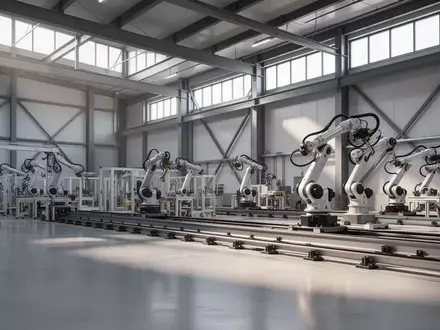Eine moderne Industriehalle mit automatisierten Fertigungsanlagen und hohen Decken in einer hellen, minimalistischen Umgebung. - Foto: über boerse-global.de