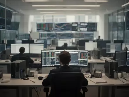 Ein einsamer Händler an einem modernen Schreibtisch vor unscharfen Monitoren in einer Finanzumgebung. - Foto: über boerse-global.de
