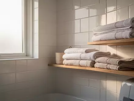 Minimalistisch eingerichteter Hauswirtschaftsraum mit weichen Textilien und natürlichem Lichteinfall. - Foto: über boerse-global.de