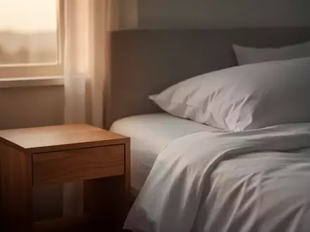 Ein minimalistisches, ruhiges Schlafzimmer im morgendlichen Licht mit Fokus auf Textilien und einer friedlichen Atmosphäre. - Foto: über boerse-global.de