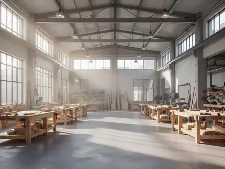 Ein heller, moderner Werkstattraum mit Holztischen und großen Fenstern in einem Industriegebäude. - Foto: über boerse-global.de