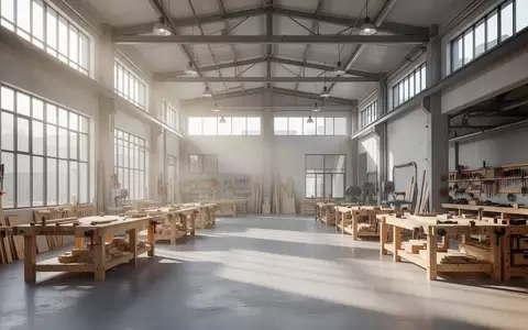 Ein heller, moderner Werkstattraum mit Holztischen und großen Fenstern in einem Industriegebäude. - Foto: über boerse-global.de
