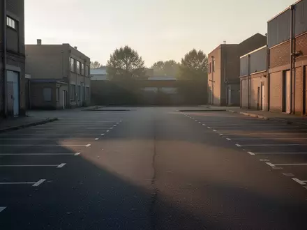 Ein leerer Parkplatz vor einem Bürogebäude im sanften Morgenlicht. - Foto: über boerse-global.de