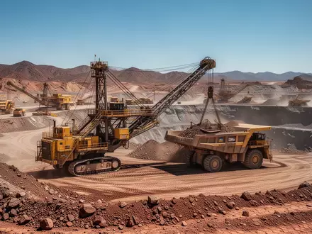 Moderne Goldmine mit schwerem Gerät in einer weitläufigen Wüstenlandschaft bei klarem Himmel. - Foto: über boerse-global.de