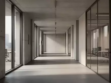 Ein heller, minimalistischer Büroflur mit klaren architektonischen Linien und natürlichem Lichteinfall. - Foto: über boerse-global.de