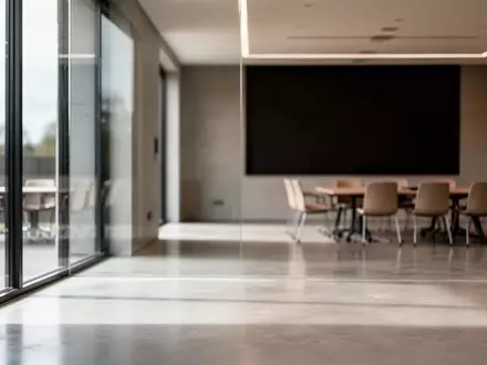 Ein minimalistischer Konferenzraum mit natürlichem Lichteinfall auf einem polierten Betonboden. - Foto: über boerse-global.de