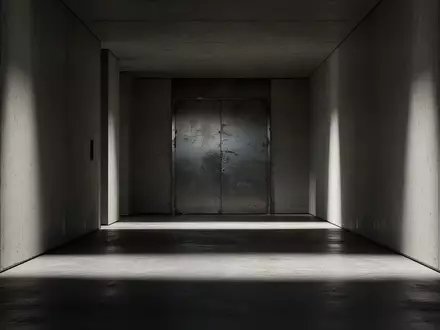 Ein minimalistischer Flur mit einer schweren, verschlossenen Metalltür und langen Schatten auf dem Boden. - Foto: über boerse-global.de