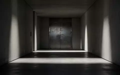 Ein minimalistischer Flur mit einer schweren, verschlossenen Metalltür und langen Schatten auf dem Boden. - Foto: über boerse-global.de