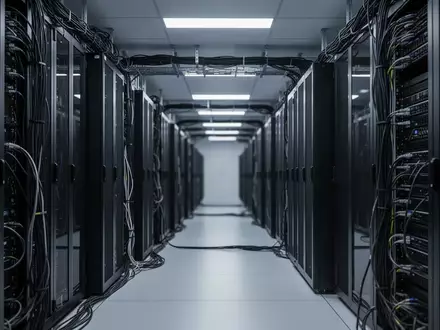 Modernes, unbeleuchtetes Serverzentrum mit leeren Rack-Schränken und technischer Infrastruktur. - Foto: über boerse-global.de