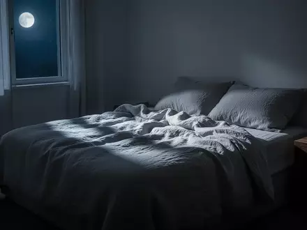 Ein minimalistisch eingerichtetes Schlafzimmer bei Nacht mit sanftem Mondlicht, das durch ein Fenster fällt. - Foto: über boerse-global.de