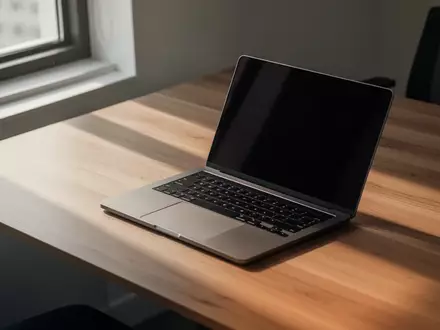 Ein moderner, minimalistischer Arbeitsplatz mit einem Laptop auf einem Holztisch bei natürlichem Licht. - Foto: über boerse-global.de
