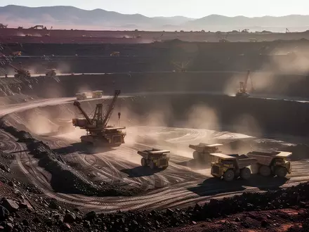 Großer Tagebau einer Eisenerzmine in einer Wüstenlandschaft mit schwerem Gerät unter natürlichem Tageslicht. - Foto: über boerse-global.de