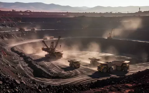 Großer Tagebau einer Eisenerzmine in einer Wüstenlandschaft mit schwerem Gerät unter natürlichem Tageslicht. - Foto: über boerse-global.de