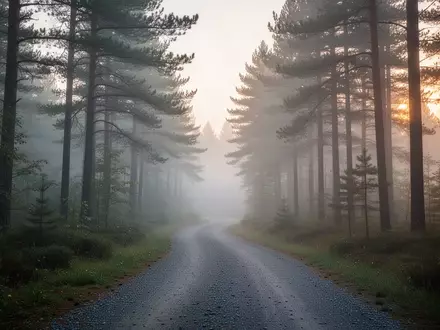 Ein nebliger Waldweg am frühen Morgen, der durch dichte Tannenbäume führt. - Foto: über boerse-global.de