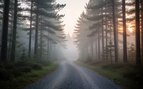 Ein nebliger Waldweg am frühen Morgen, der durch dichte Tannenbäume führt. - Foto: über boerse-global.de