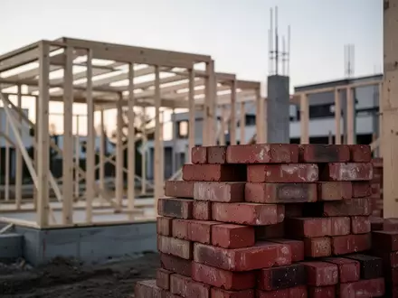 Eine Baustelle mit Ziegelsteinen und einem Holzrahmen bei Dämmerung als Symbol für Immobilienkäufe. - Foto: über boerse-global.de