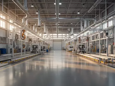 Eine weitläufige, moderne Fabrikhalle in Georgia mit sauberem Betonboden und industrieller Architektur. - Foto: über boerse-global.de