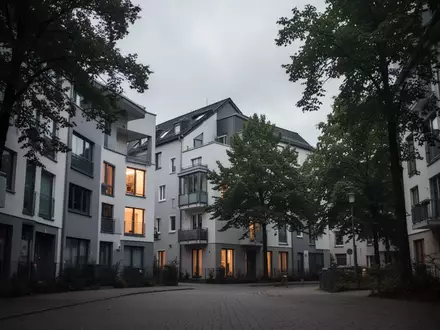 Eine ruhige Wohnstraße mit modernen Mehrfamilienhäusern in der Abenddämmerung, die die Herausforderungen bei der Wohnungssuche symbolisiert. - Foto: über boerse-global.de