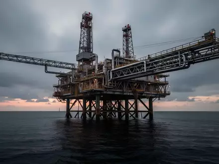 Industrielle Offshore-Ölplattform in einer abgelegenen Meereslandschaft bei Dämmerung. - Foto: über boerse-global.de
