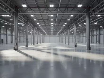 Eine weitläufige, leere Industriehalle mit poliertem Betonboden und architektonischen Stahlstützen bei natürlichem Lichteinfall. - Foto: über boerse-global.de