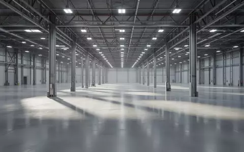 Eine weitläufige, leere Industriehalle mit poliertem Betonboden und architektonischen Stahlstützen bei natürlichem Lichteinfall. - Foto: über boerse-global.de