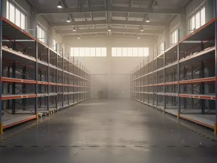 Ein leeres, modernes Logistiklager mit hohen Regalen in sanftem Morgenlicht. - Foto: über boerse-global.de