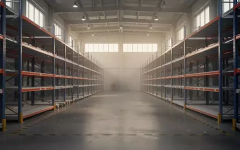 Ein leeres, modernes Logistiklager mit hohen Regalen in sanftem Morgenlicht. - Foto: über boerse-global.de
