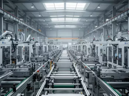 Industrielle Produktionshalle mit moderner Maschinerie in einer weitläufigen, aufgeräumten Werkhalle. - Foto: über boerse-global.de