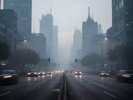 Eine neblige, urbane Stadtlandschaft mit dichter Luftverschmutzung und grauen Häuserfassaden in der Dämmerung. - Foto: über boerse-global.de