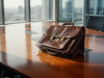 Ein lederner Aktenkoffer auf einem Konferenztisch in einem modernen Büro bei natürlichem Licht. - Foto: über boerse-global.de