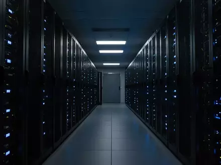 Dunkler, moderner Serverraum mit Reihen von technischen Geräten und blauen Statusleuchten. - Foto: über boerse-global.de