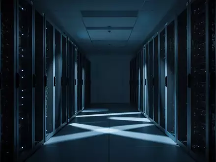 Dunkler, moderner Serverraum mit blauer Beleuchtung und geometrischen Schatten. - Foto: über boerse-global.de