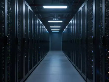 Dunkler Serverraum mit metallischen SchrĂ€nken und blauer Beleuchtung. - Foto: ĂŒber boerse-global.de