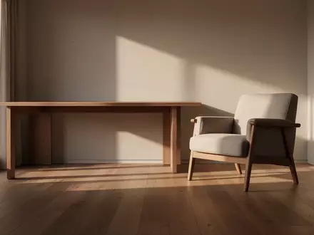 Ein ruhiges, minimalistisch eingerichtetes Wohnzimmer im sanften Licht der Nachmittagssonne mit einem leeren Schreibtisch. - Foto: über boerse-global.de