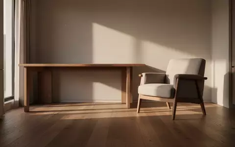Ein ruhiges, minimalistisch eingerichtetes Wohnzimmer im sanften Licht der Nachmittagssonne mit einem leeren Schreibtisch. - Foto: über boerse-global.de