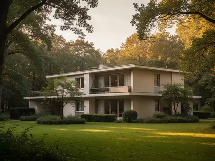 Zweistöckige Dienstvilla im Stil der späten 1960er Jahre in einer parkähnlichen Umgebung mit altem Baumbestand. - Foto: über boerse-global.de
